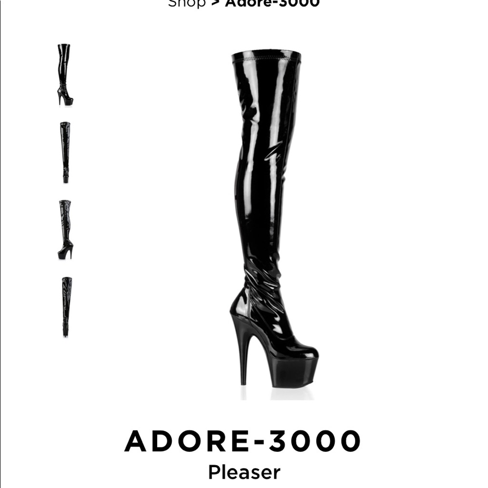 Black patent leather over the knee pleaser boots